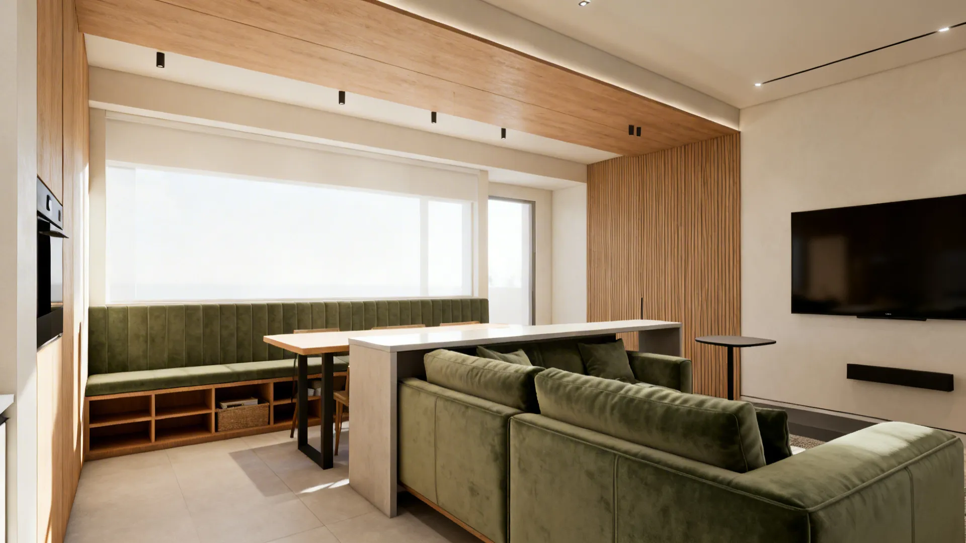 Modern dining area with green bench seating wood wall panels a sofa and a television