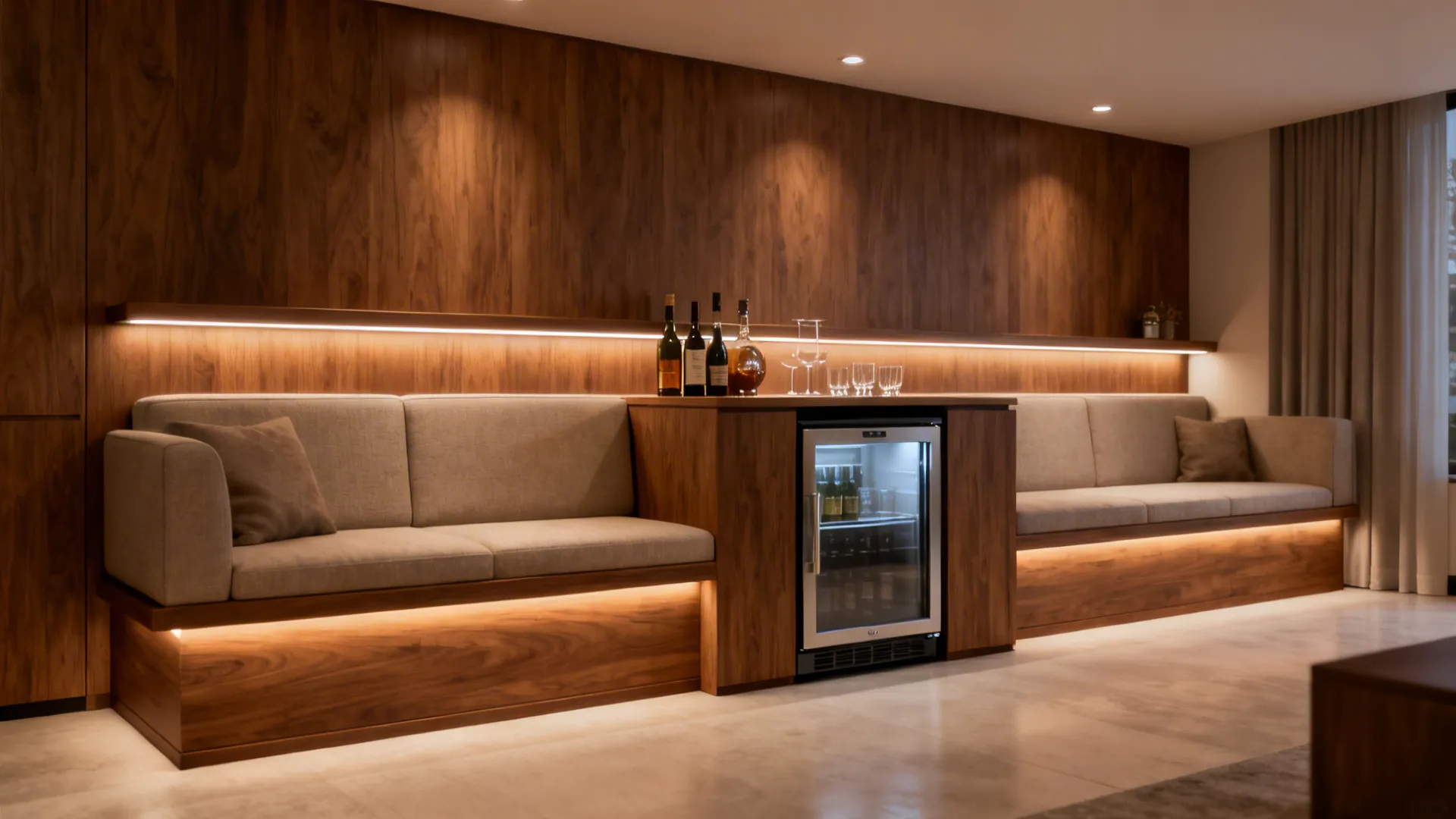 Slim bar shelf behind a sofa with recessed LED lighting and mini-fridge below