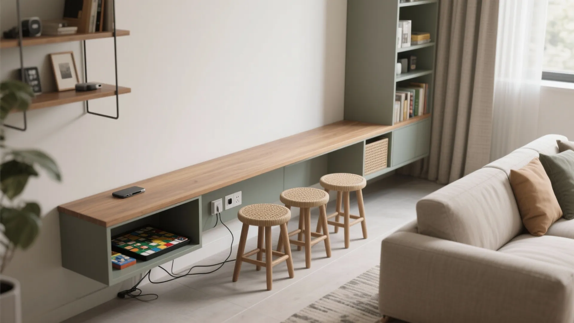 5) Slim bench behind the sofa (plus shelves)