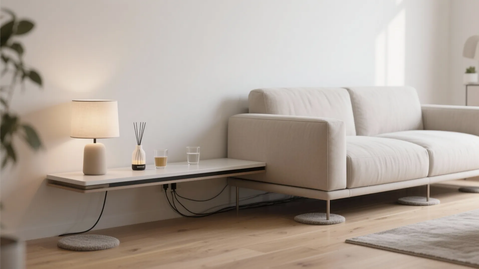 4) Ultra-narrow console as a “sofa-back” drink ledge