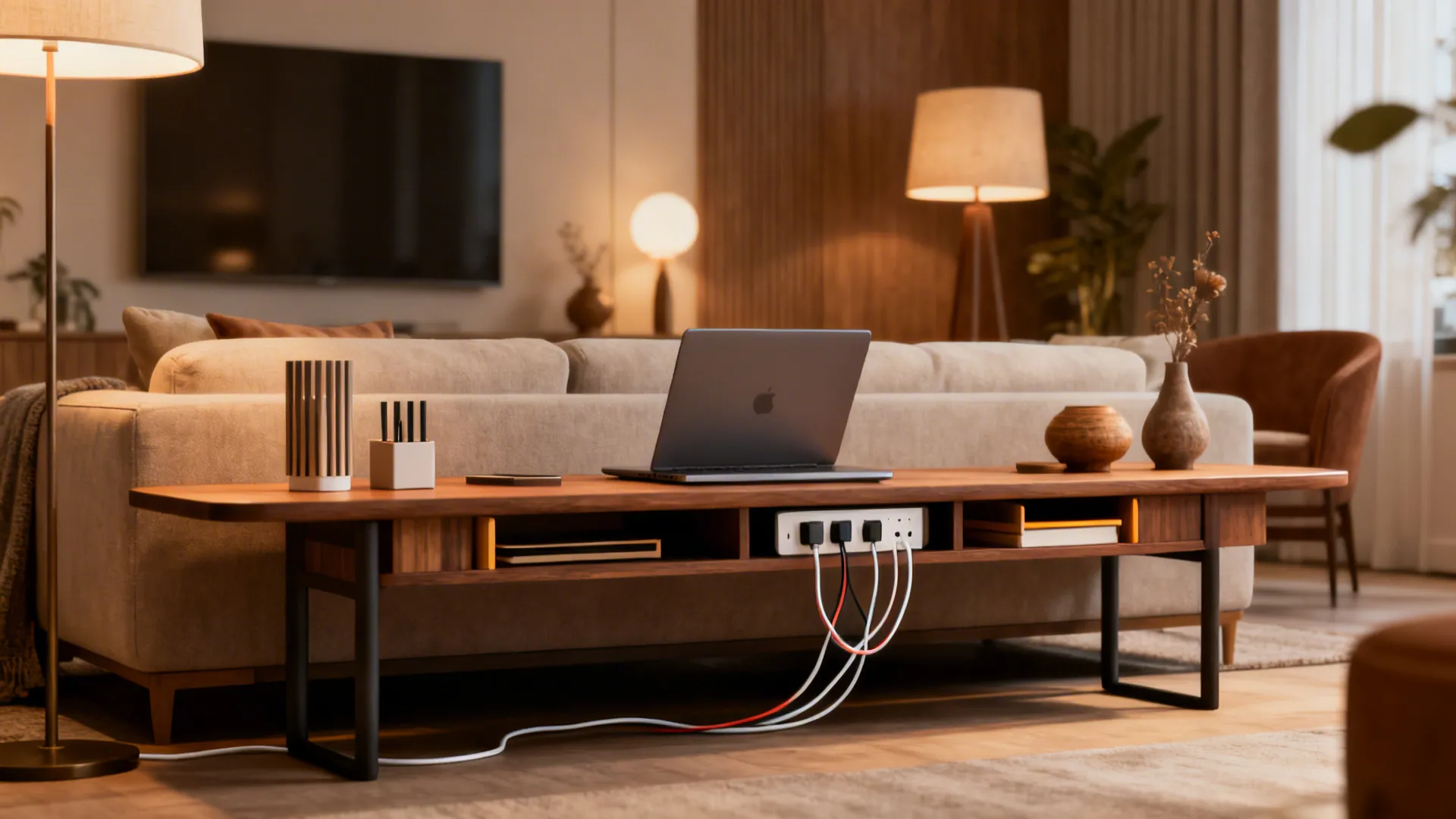 Narrow console desk behind a sofa with a laptop and slim organizers, tidy cable management.