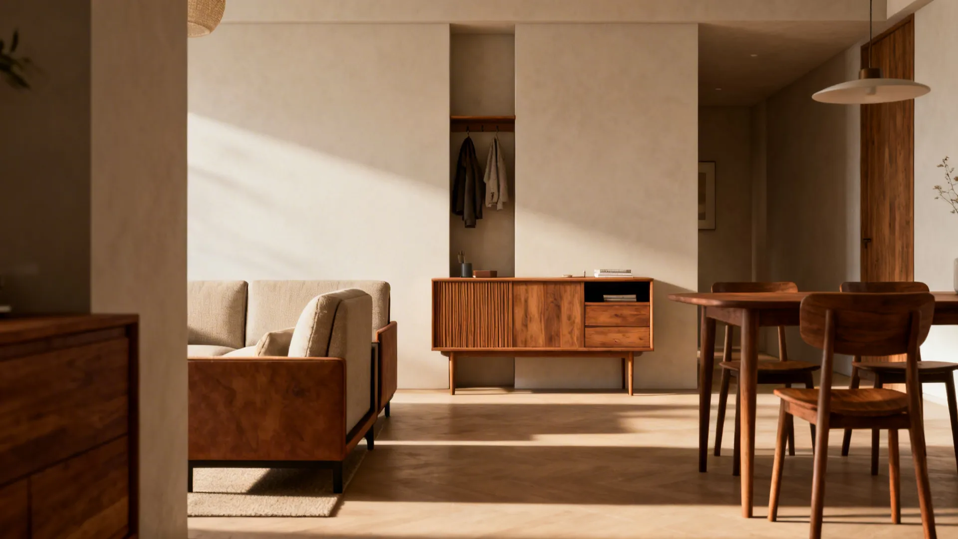 Modern living room featuring a tan sofa wooden cabinet dining set and warm natural morning sunlight