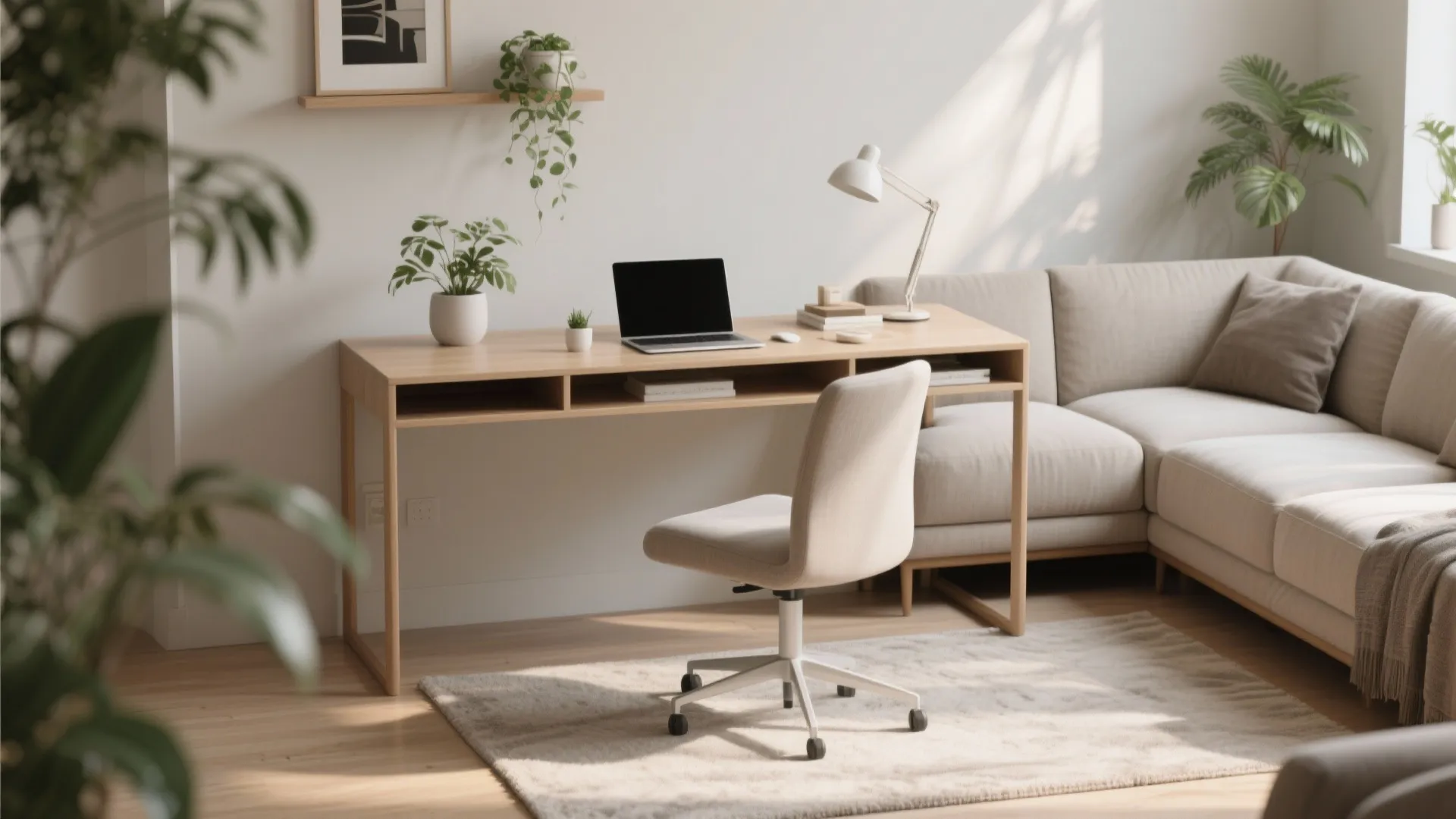 Wooden office desk with laptop and chair placed behind a modern beige fabric corner sofa