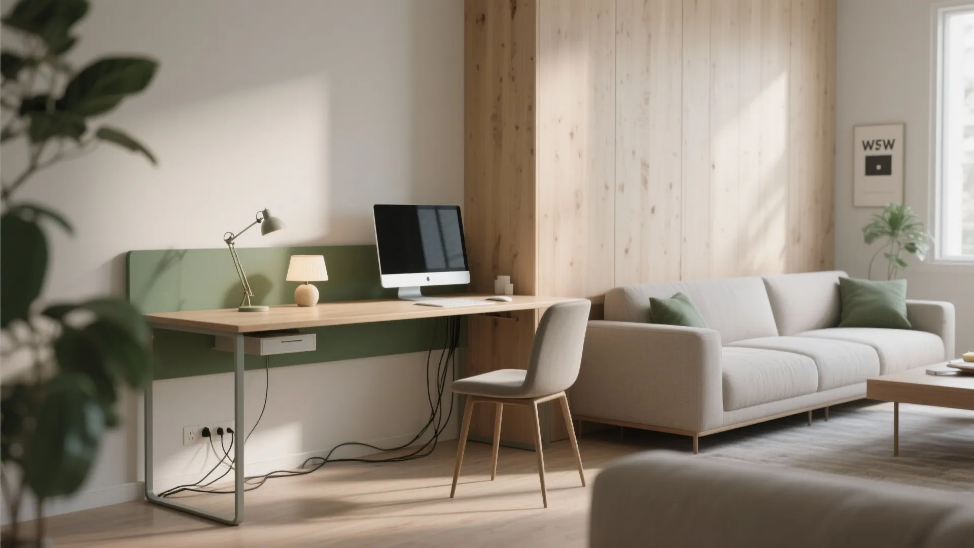 Modern wooden desk with computer and chair next to a beige sofa in bright room