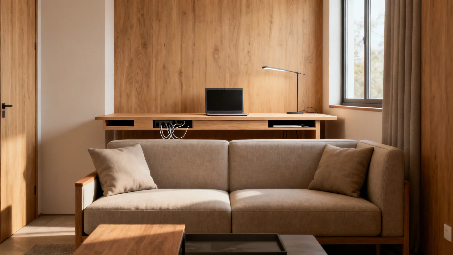 Slim desk behind a low-back sofa creating a shared living and work zone with tidy cables and integrated storage.