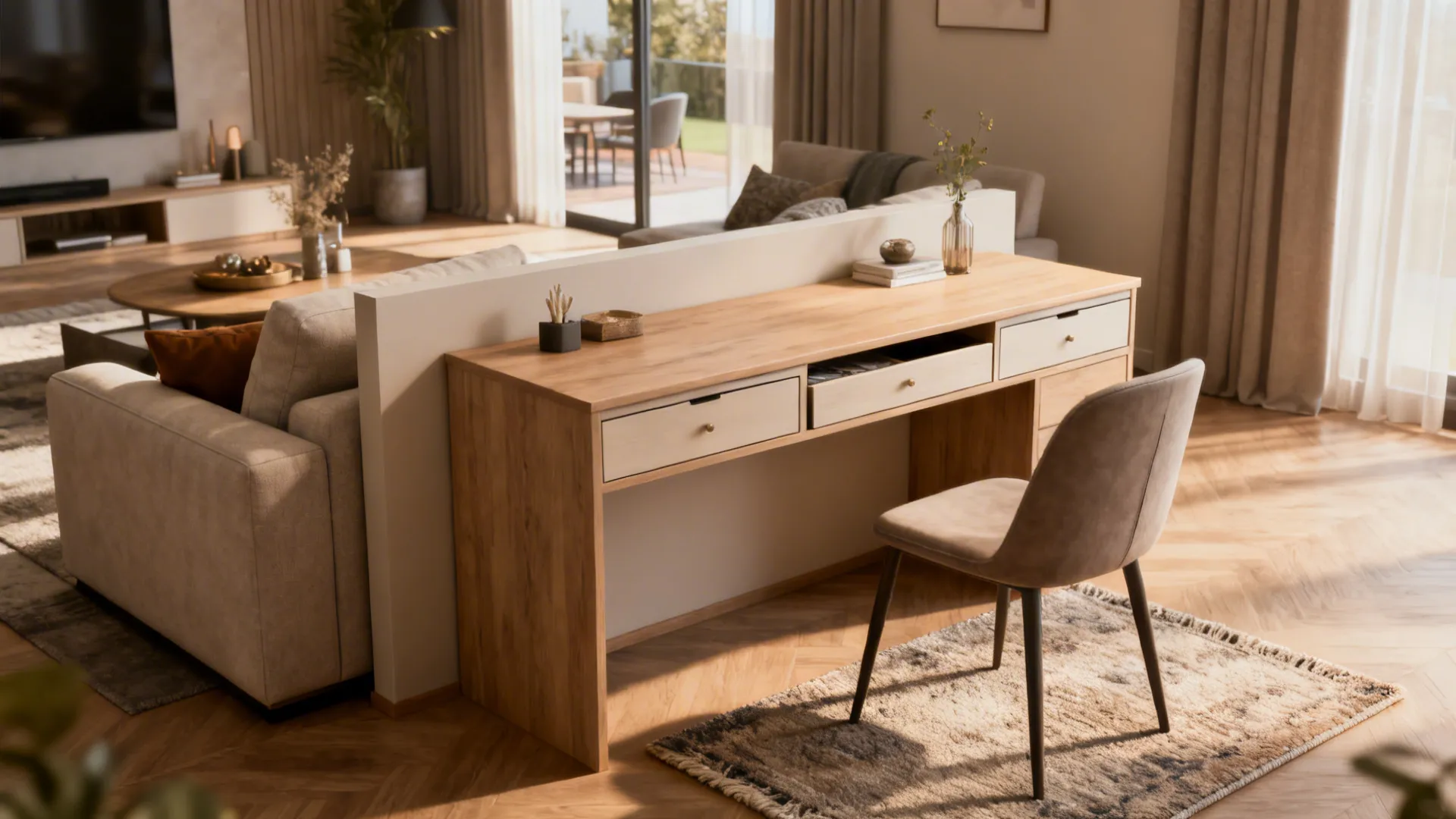 Low-profile console desk behind a sofa creating a subtle room divider with drawers and a small rug.
