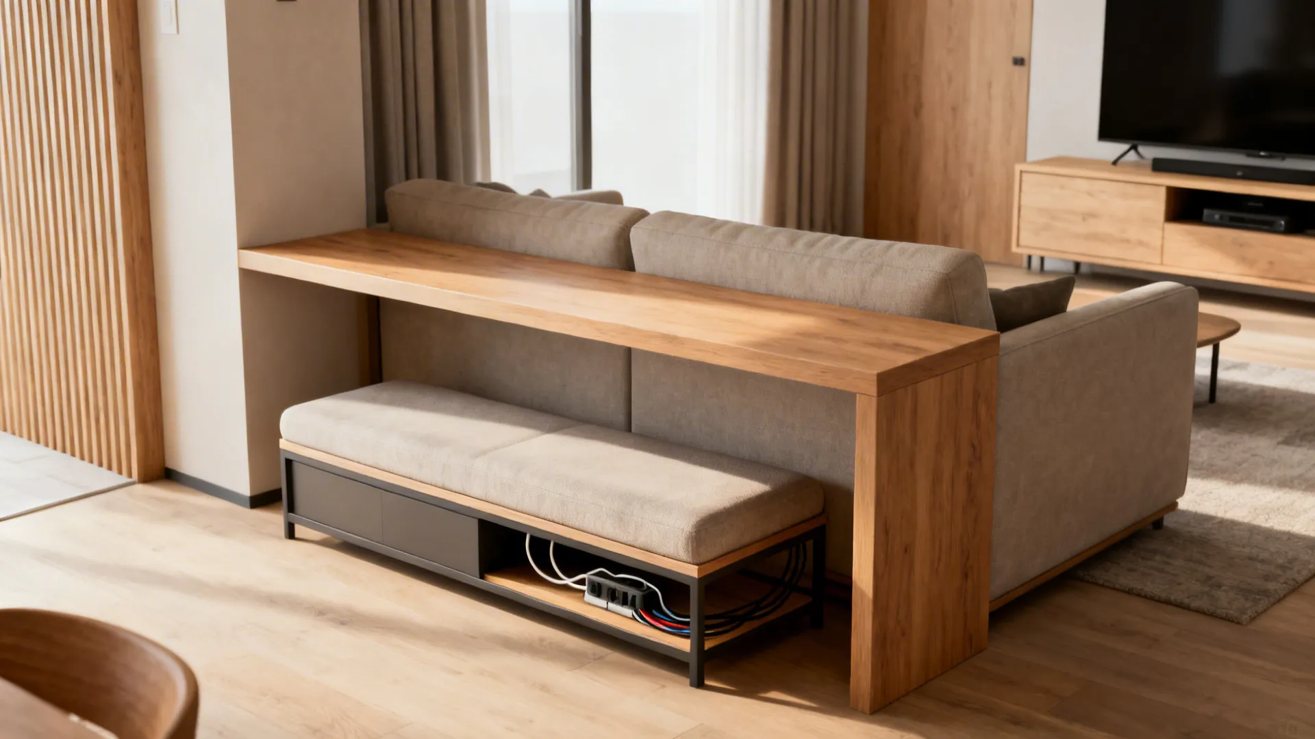 Long wooden desk behind a grey sofa with a matching bench in a modern room