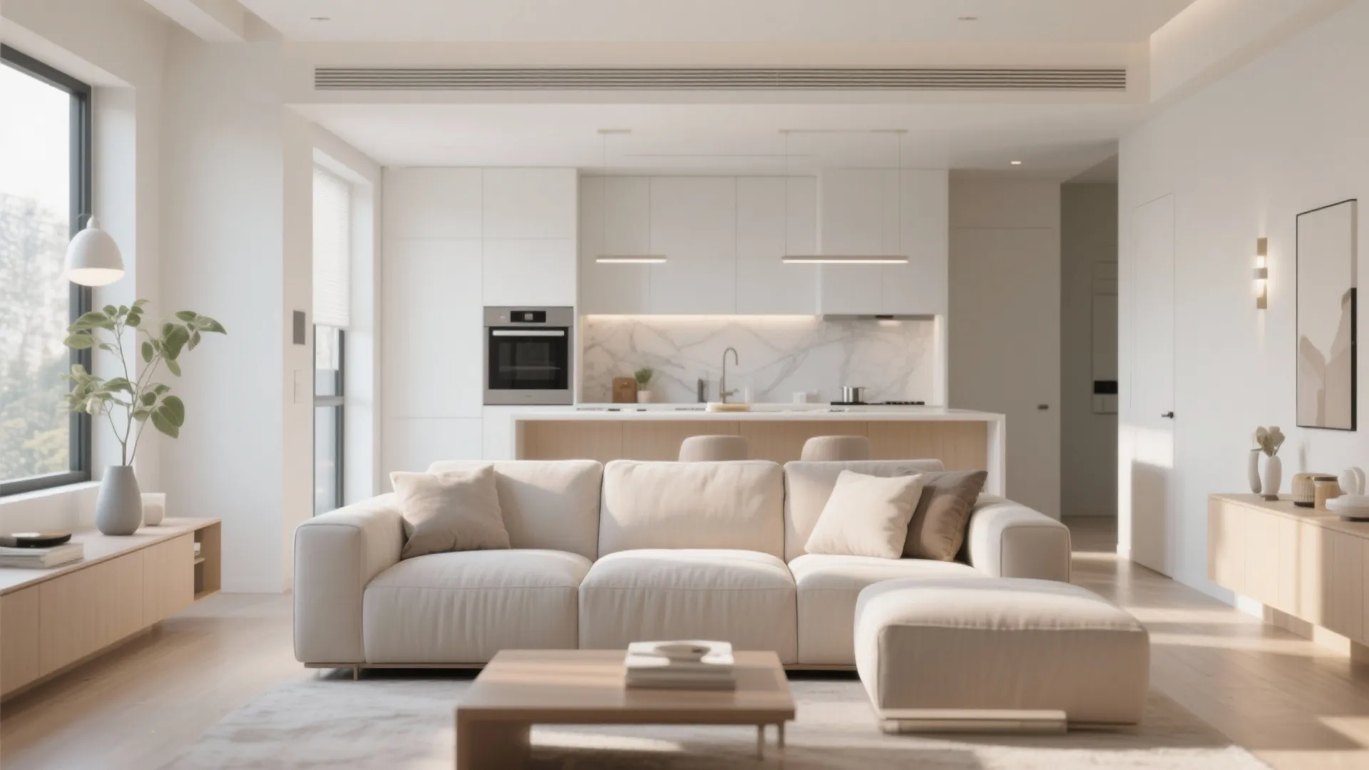 Modern open plan living room with white sofa and footrest facing a clean white kitchen area