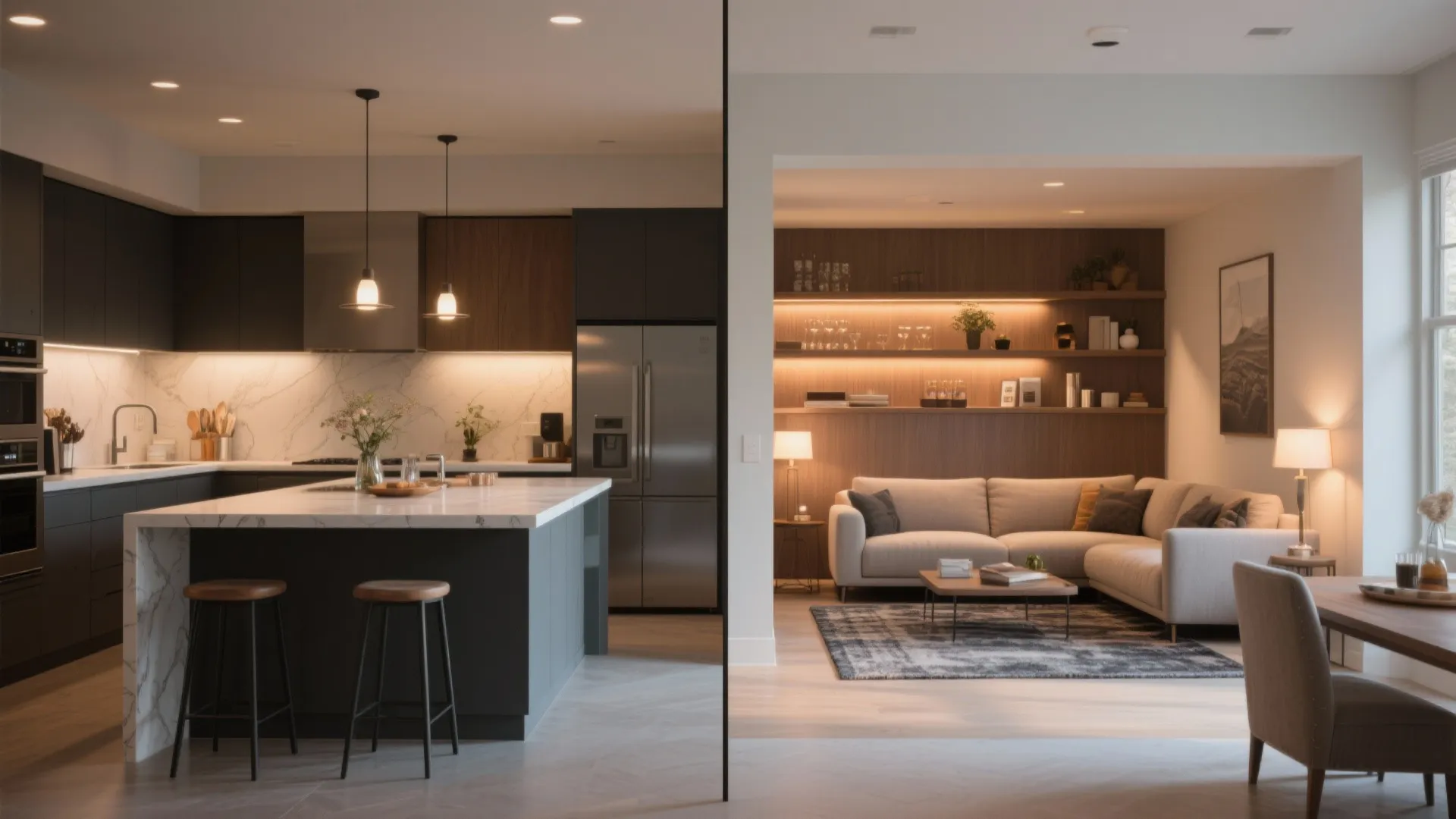 3. Split zone with sofa-back island and defined family nook