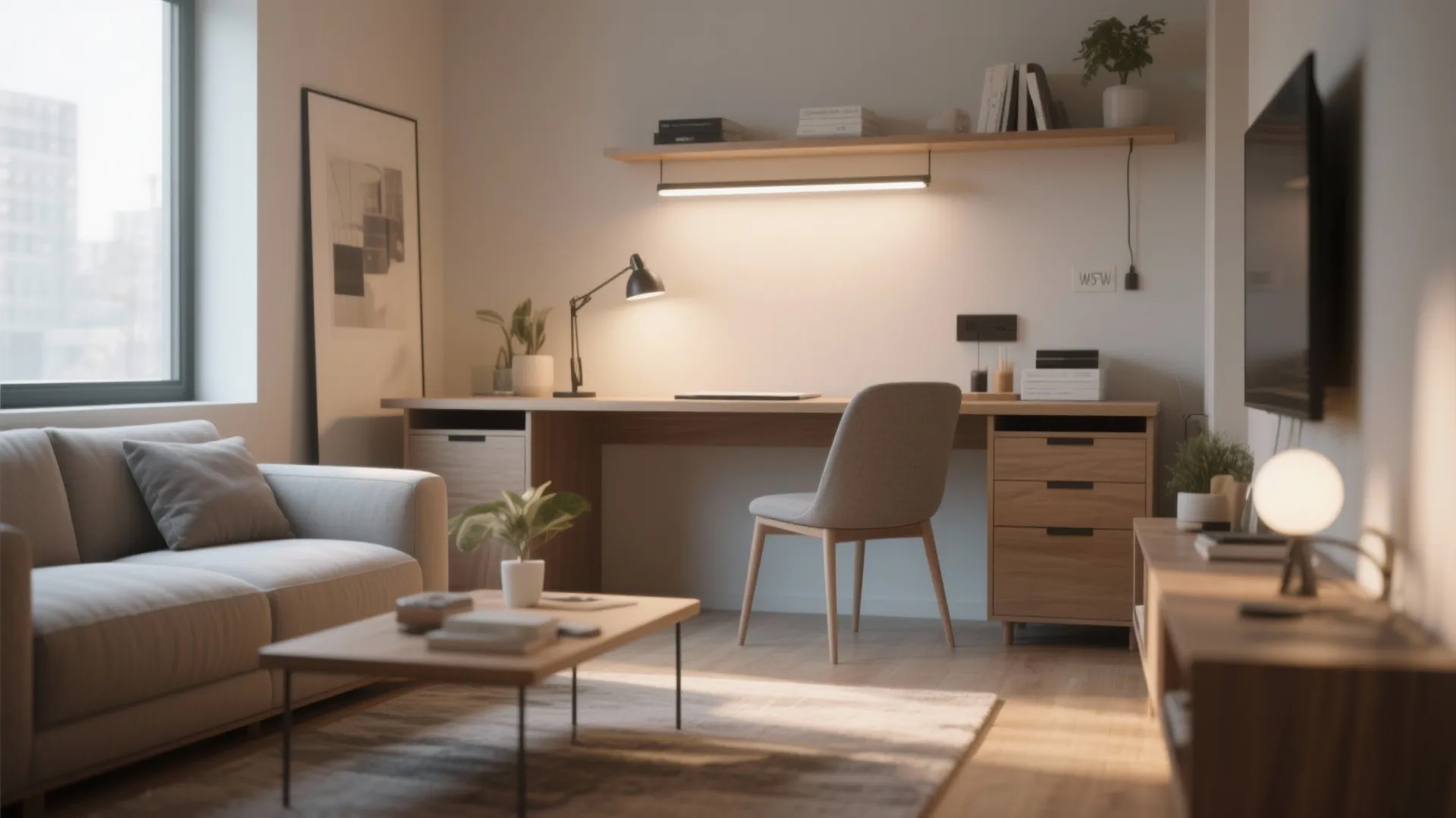 Modern home office area with wooden desk behind a grey sofa and large bright window