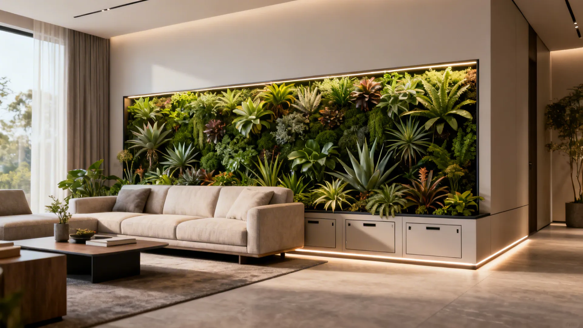 Slim-profile planted panel integrated behind a sofa creating a green backdrop with maintenance access panels.