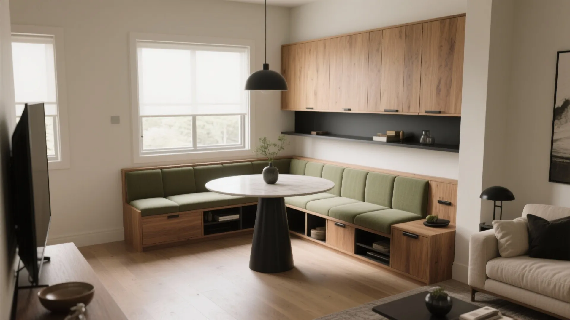 Double-duty sofa backs and banquettes as subtle boundaries