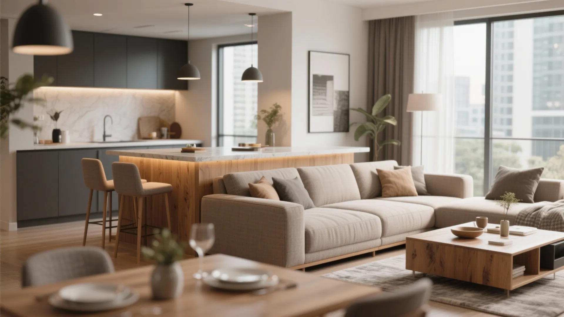 L-shaped sofa with bar counter back in small condo