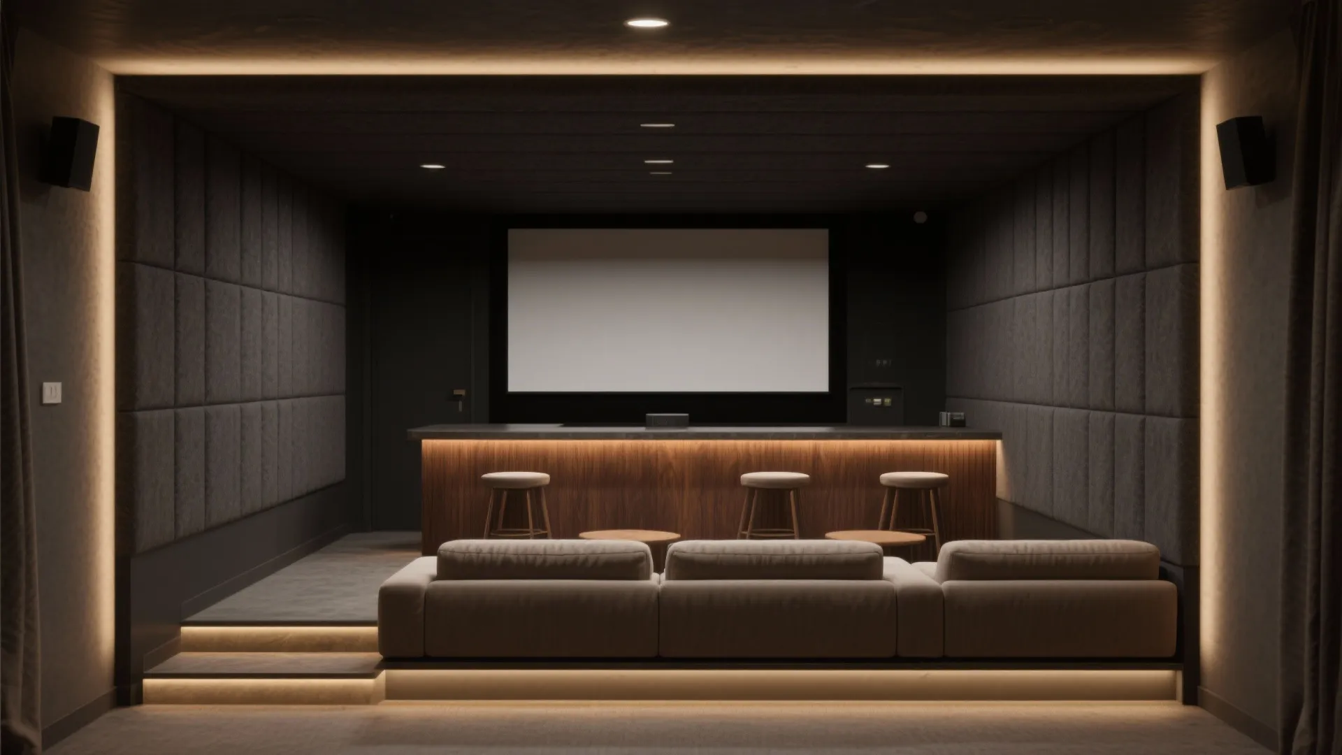 Compact theater with a shallow counter and stools behind a sofa, creating a second row.