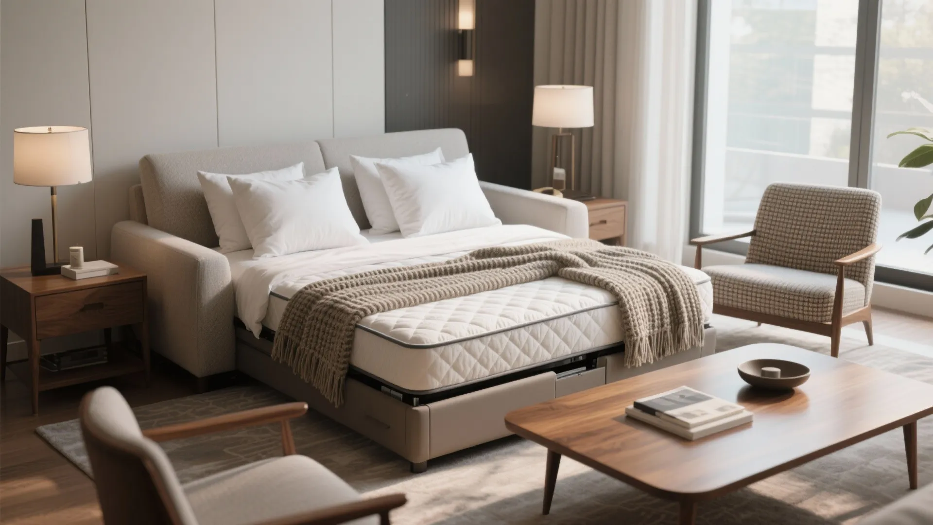 Living room with a modern pull-out sofa bed revealed, topped with memory-foam mattress and luxury linens.