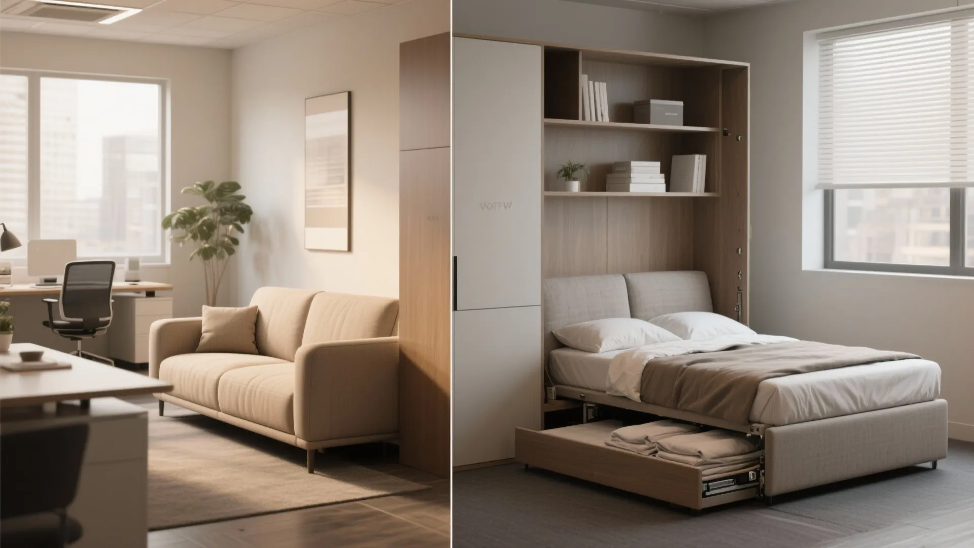 Split view of a convertible sofa-bed in a small office showing both seating and extended bed configurations.
