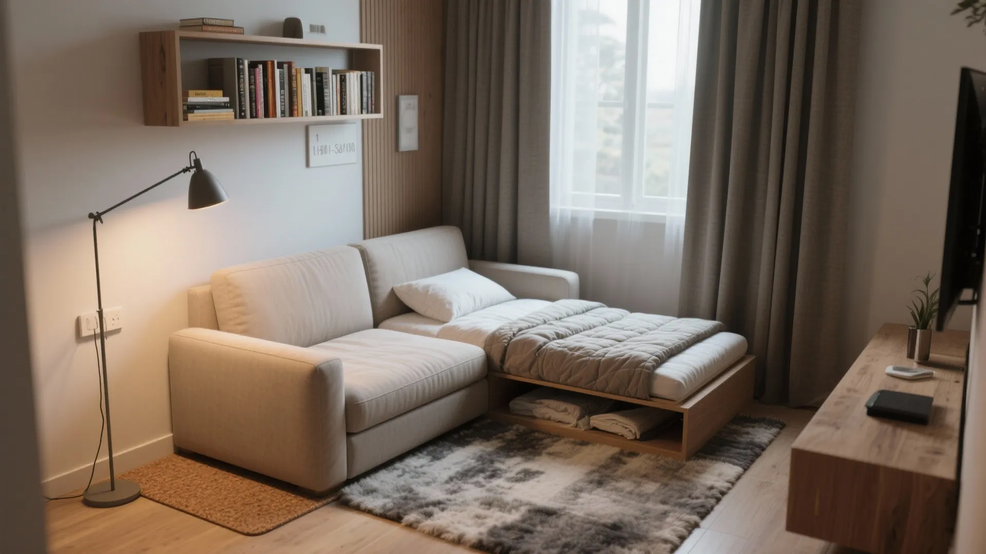 2) A transformable sofa-bed zone with acoustic relief