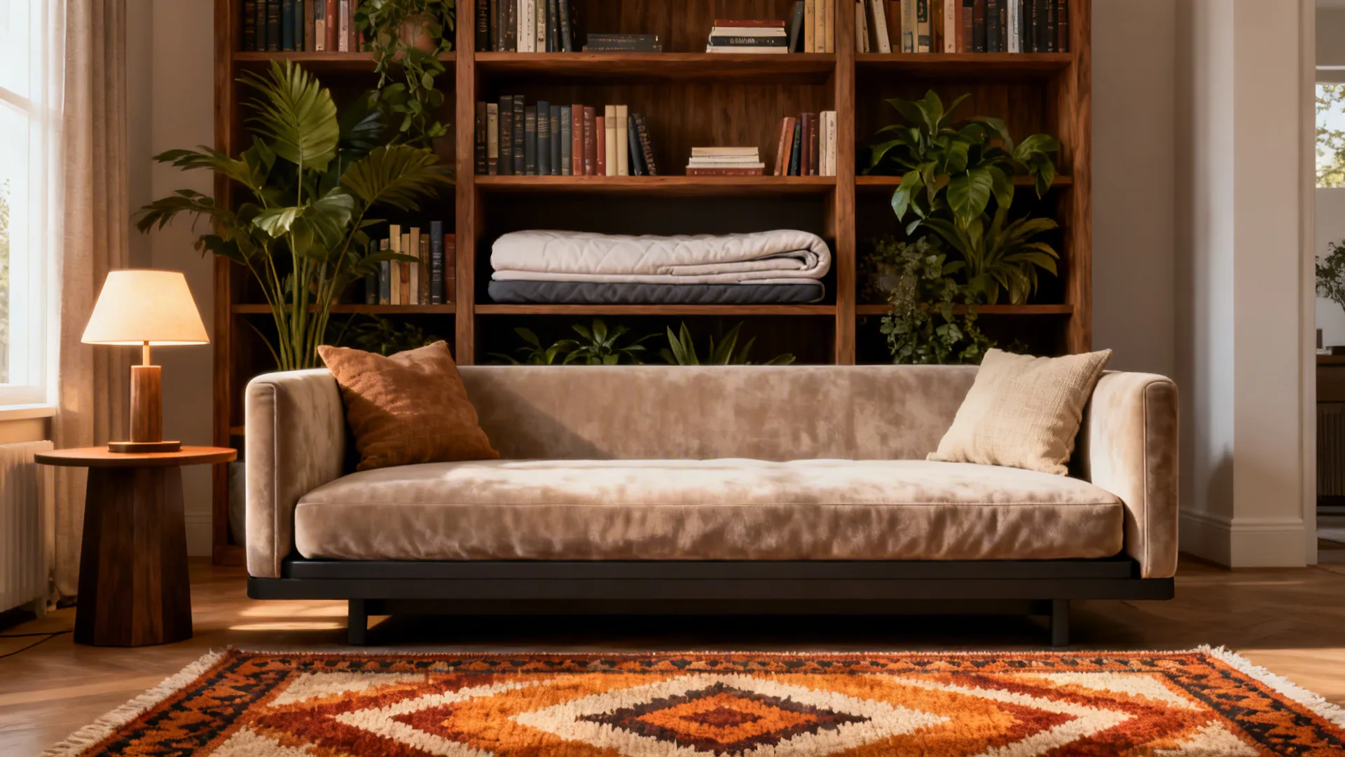 Beige sofa set against a wooden bookshelf with green plants a table lamp and patterned rug