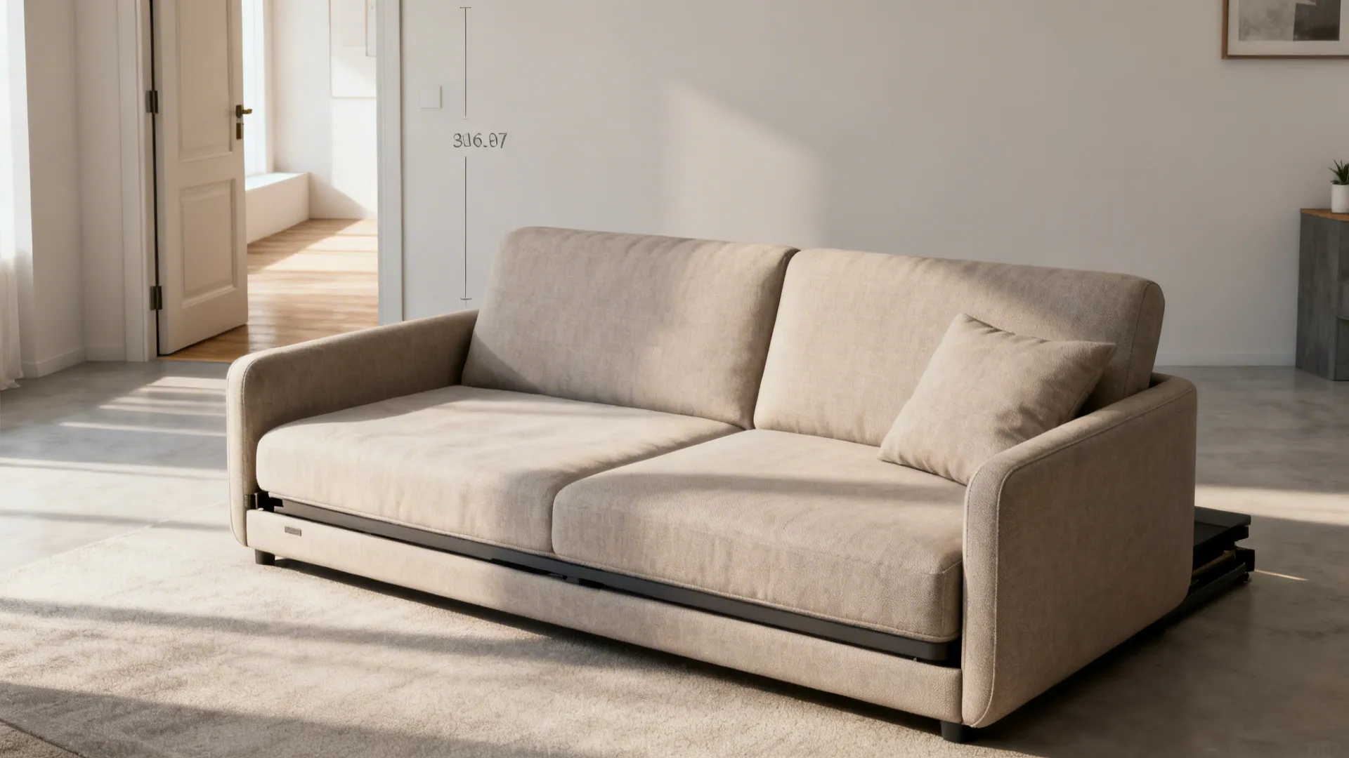 Compact modern sofa-bed in a studio showing seating and space-saving layout