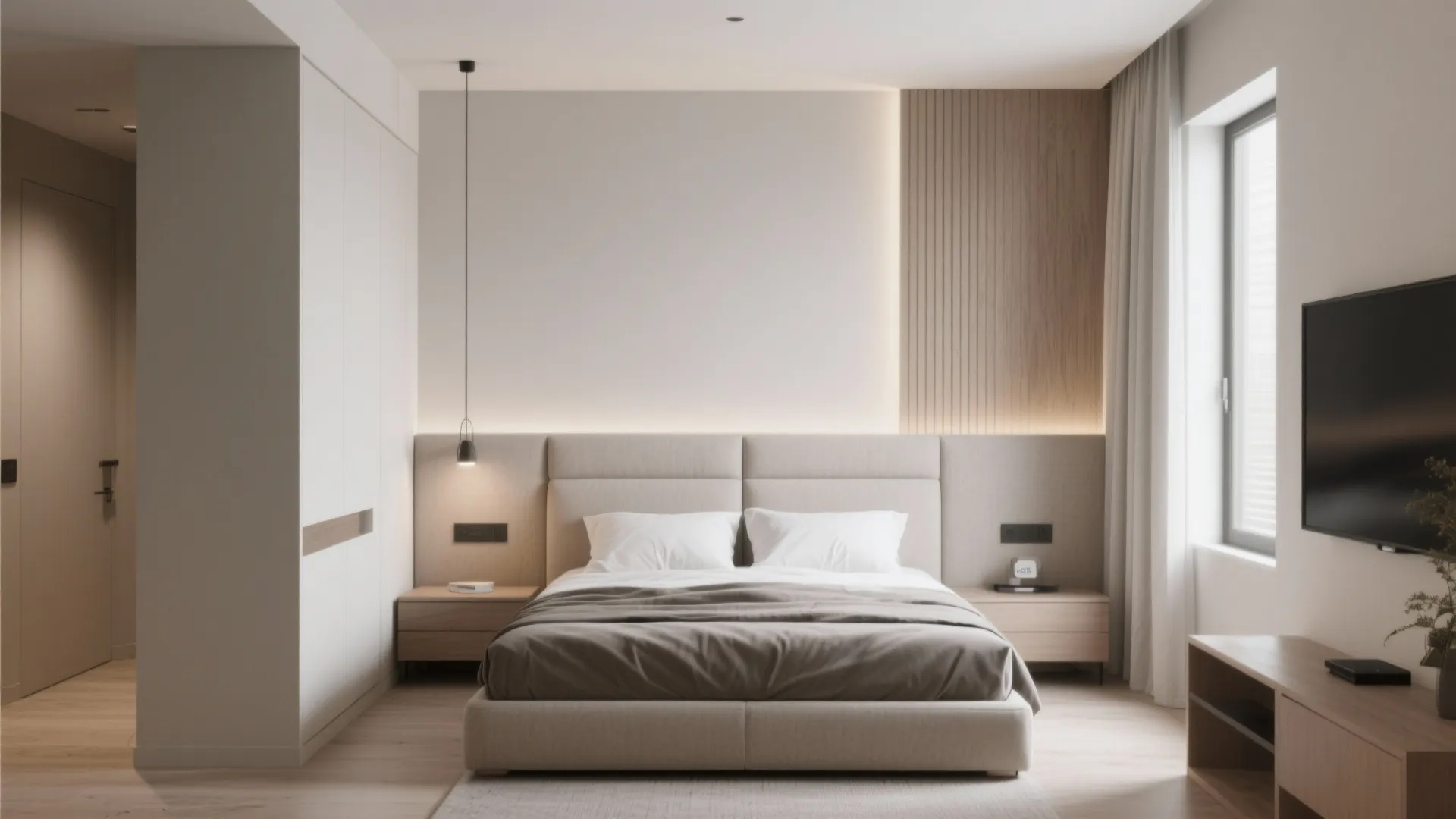 Apartment with sofa back acting as bed headboard for space efficiency