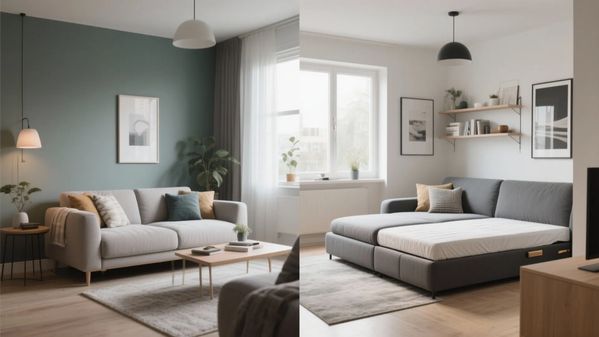 Before and after comparison showing a grey sofa transformed into a flat comfortable guest bed