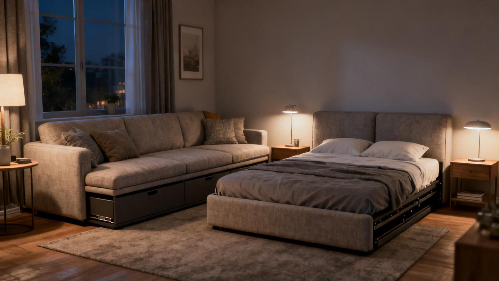 Multipurpose sofa in day mode and converted fold-away bed at night in a compact living room