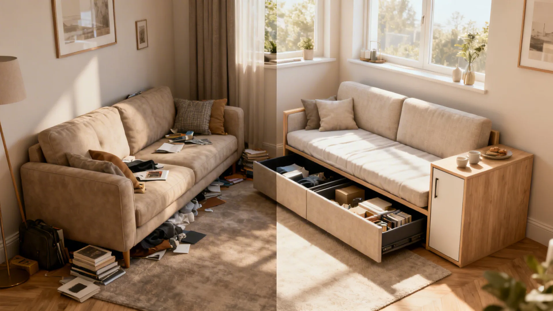 Before and after of a small living area replaced by a multifunctional sofa bed with side storage.