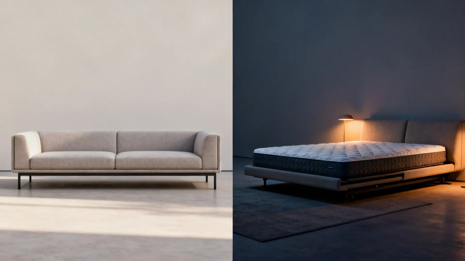 Split image of a sleek sofa by day and unfolded sofa bed by night showing a slim frame and mattress
