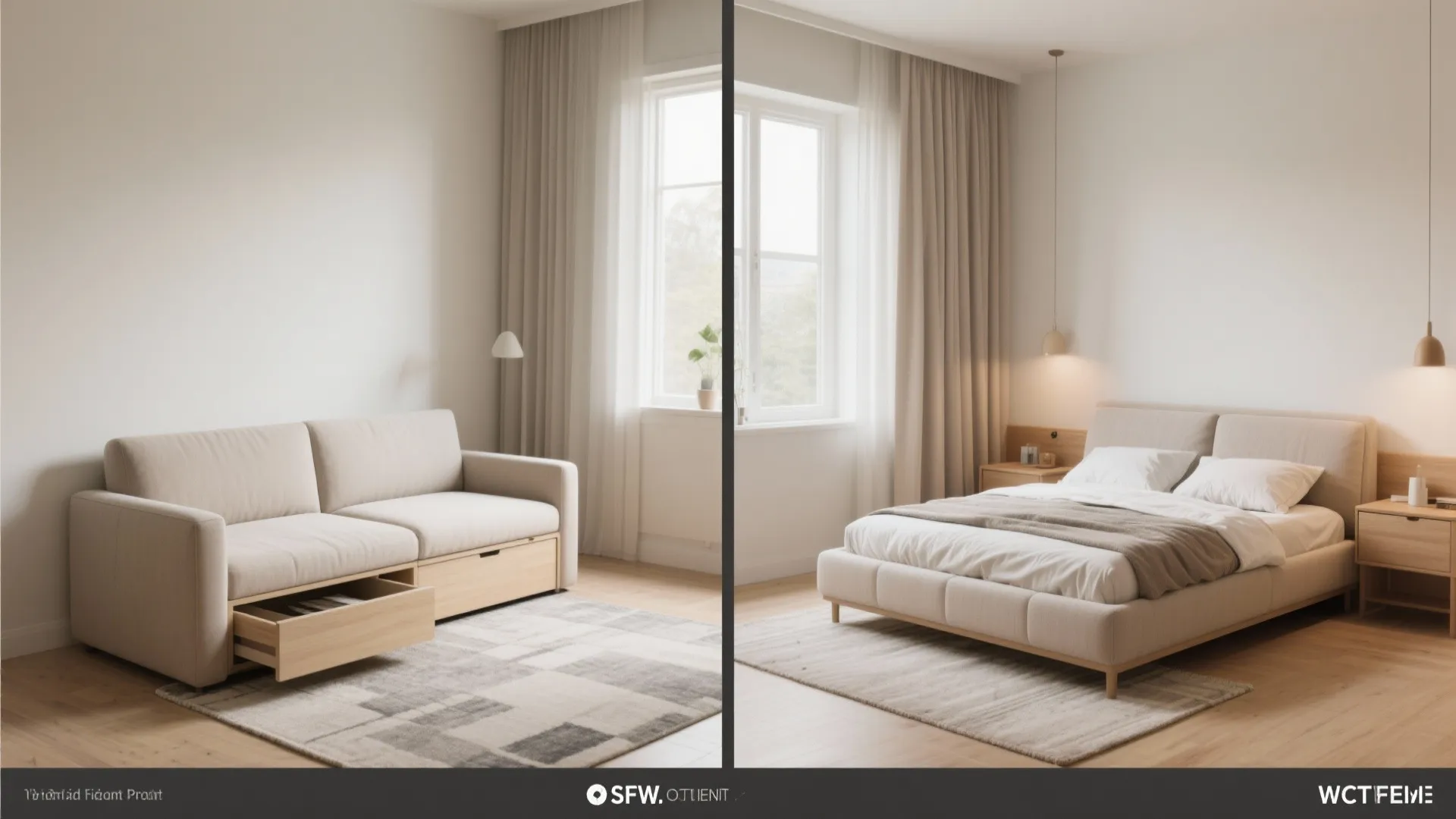 Split screen image showing a sofa with storage drawer and a matching comfortable double bed