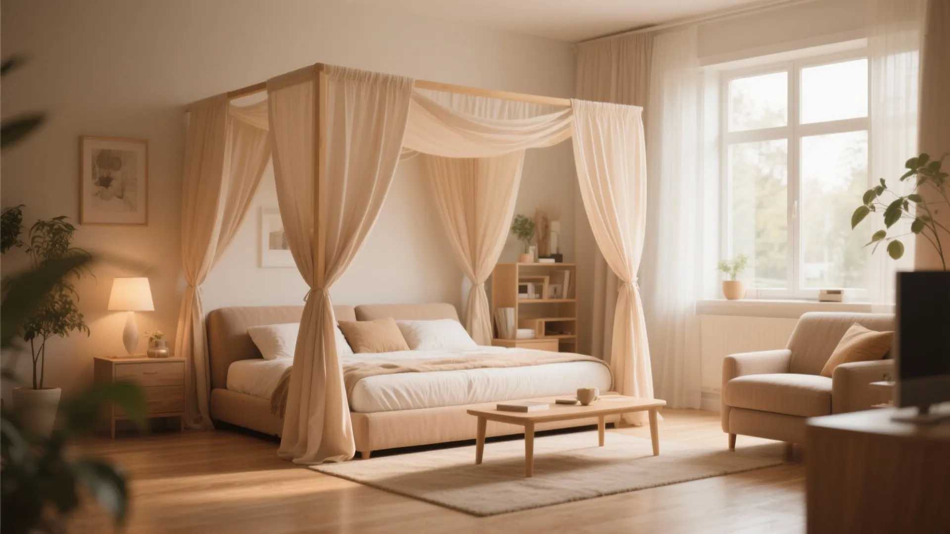 Living room with sofa bed under a fabric canopy frame