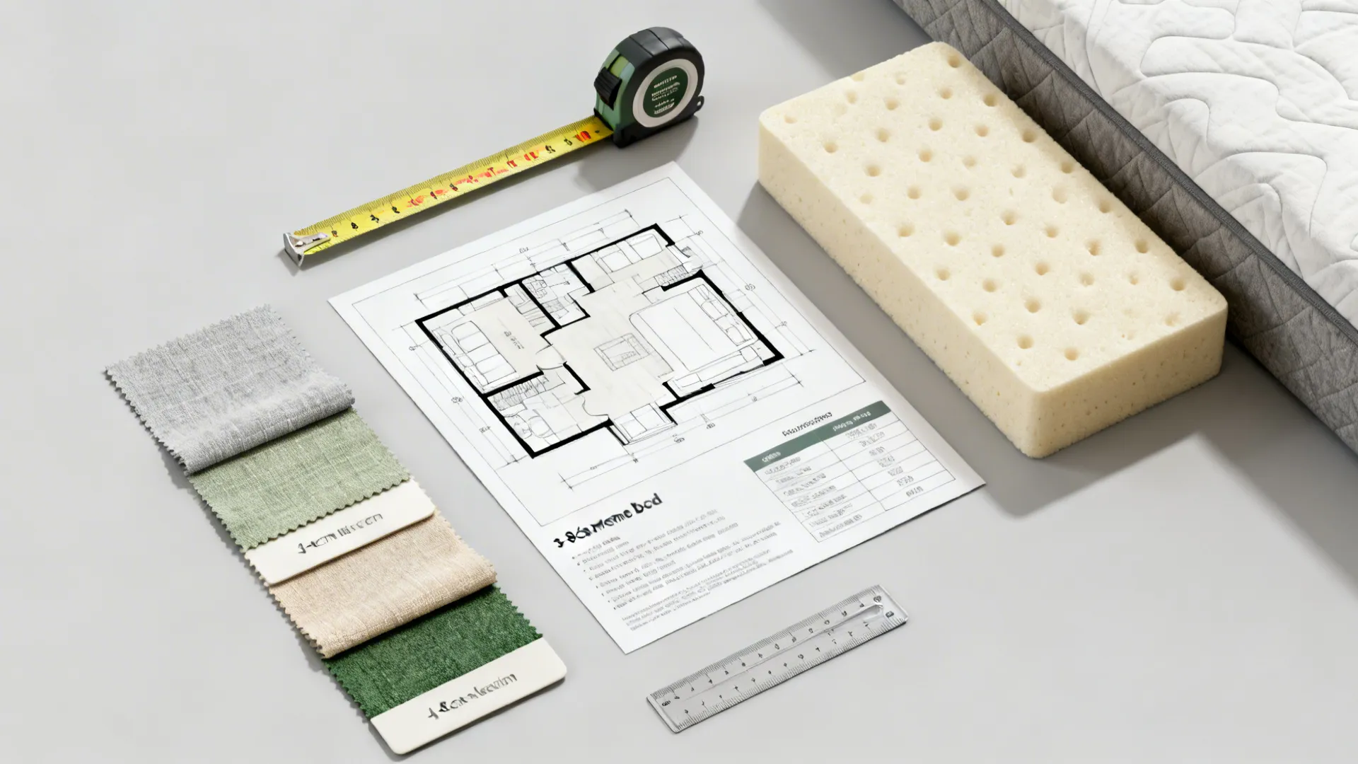 Flatlay of measuring tape, floor plan, fabric swatches and memory foam topper sample.