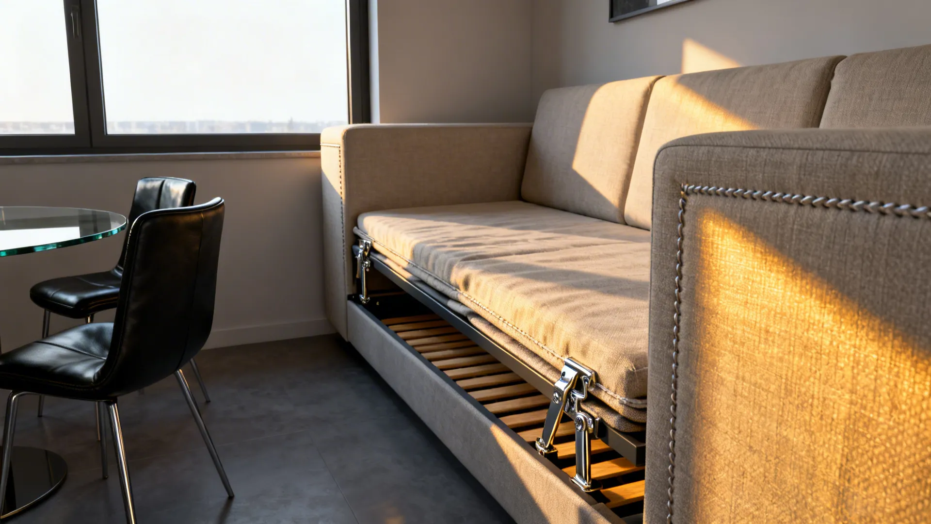 Beige sofa bed showing wooden frame and metal mechanism near window with warm golden light