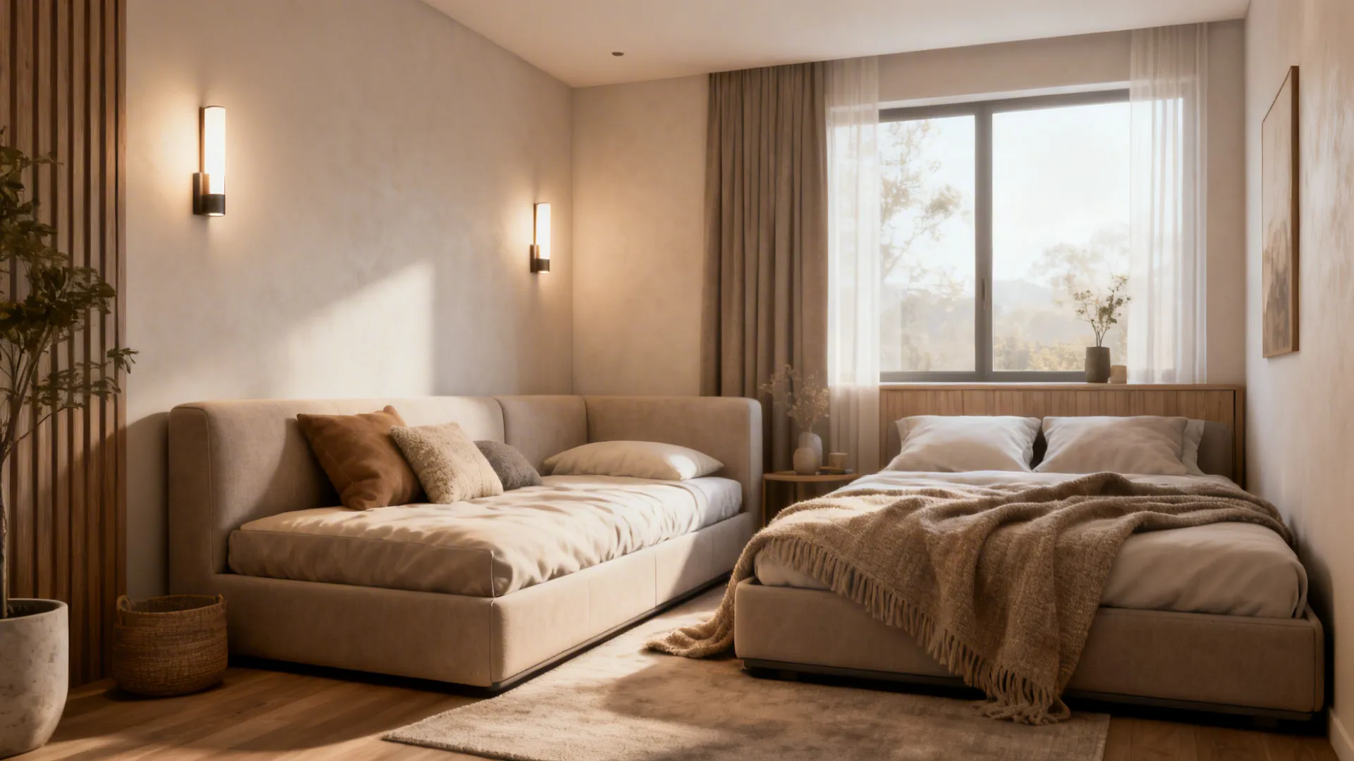 Multi-functional small room with a daybed and a convertible sofa-bed for two adults