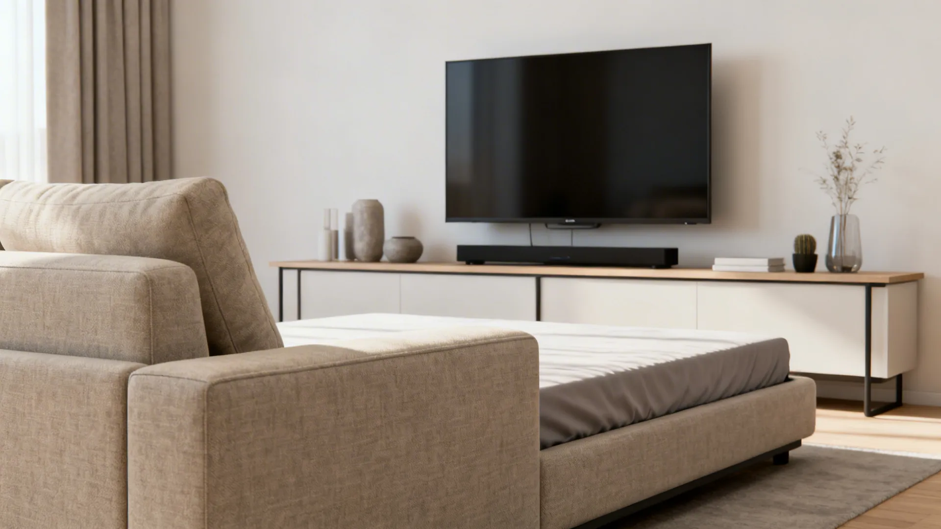 Sofa bed with a slim media console in a compact living space, showing a functional multipurpose layout.