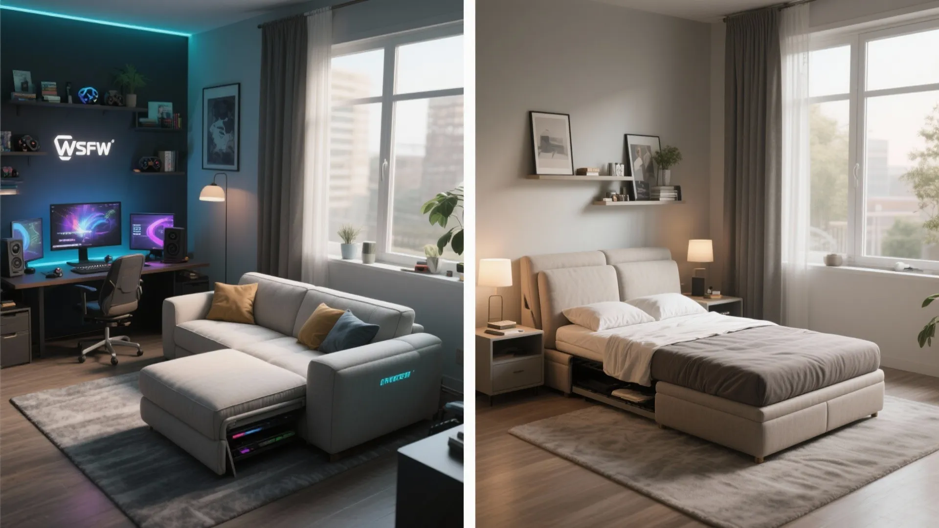 Before and after view of a grey sofa transforming into a comfortable bed in room