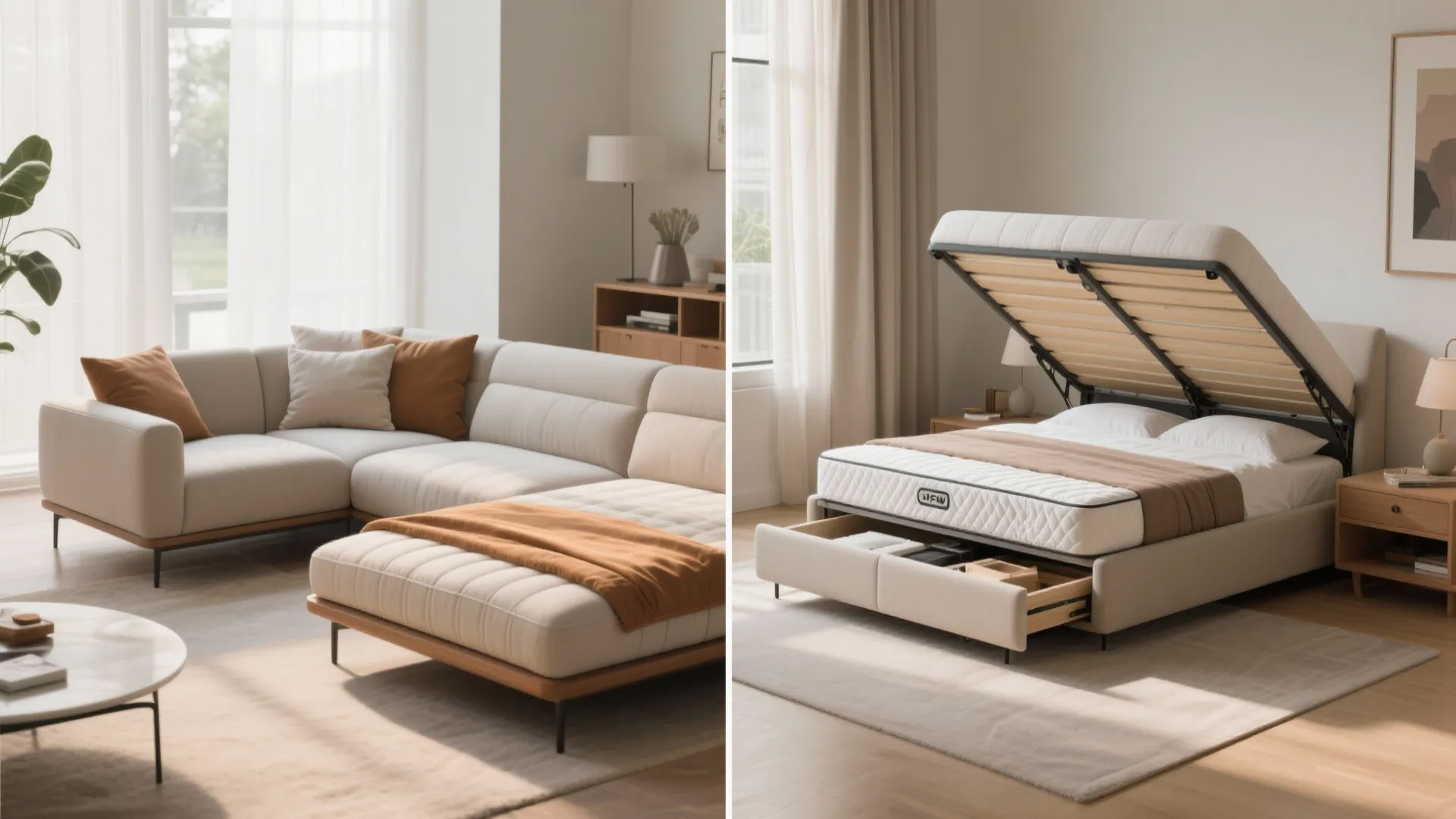 Cream L-shaped sofa with orange cushions next to a storage bed with a lifted mattress