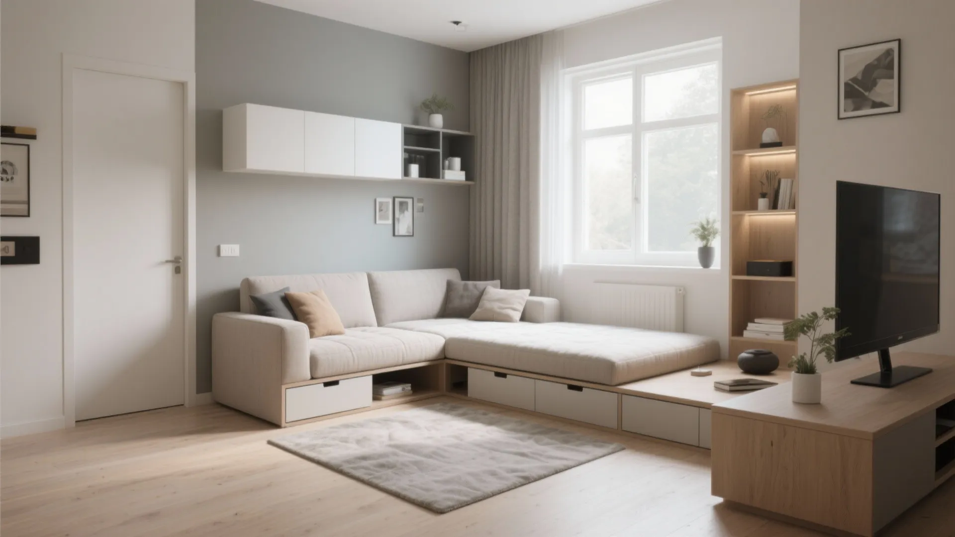 Beige sofa with storage drawers in a modern room with wooden floor and white wall cabinets