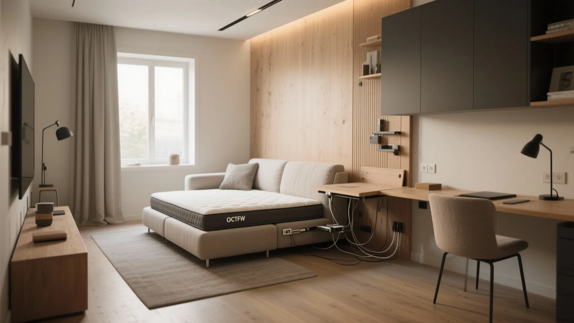 Multi functional living room featuring a sofa bed next to a wooden desk and chair