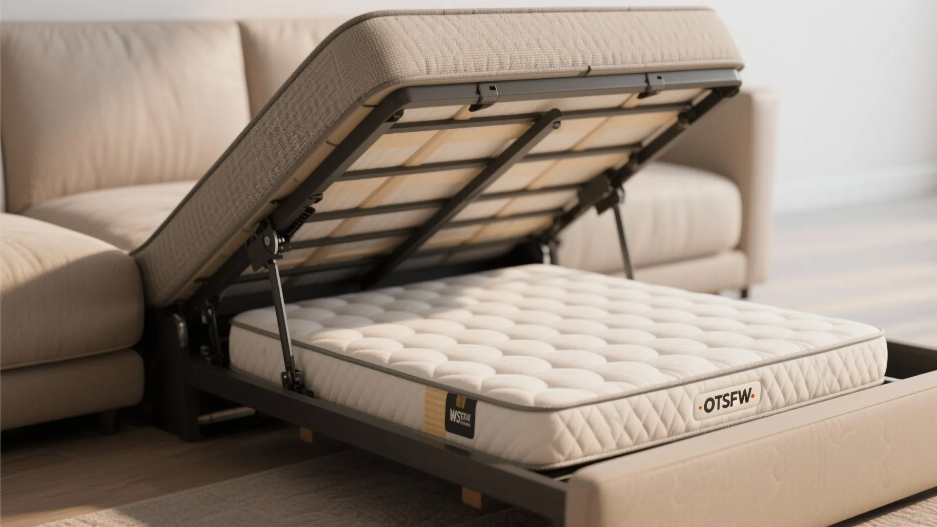 Mechanism of a sofa bed showing the lifted seat frame revealing a white quilted mattress inside