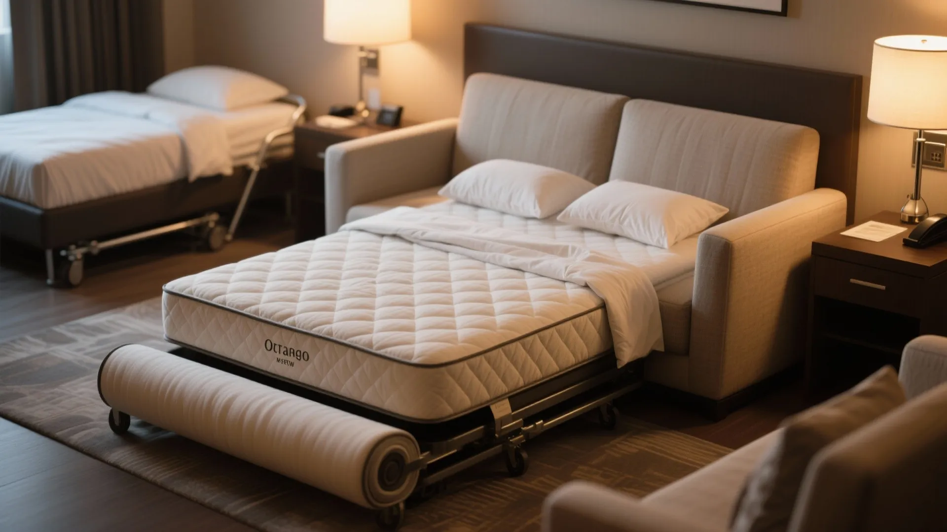 Grey sofa bed being pulled out to show the white mattress and simple metal frame