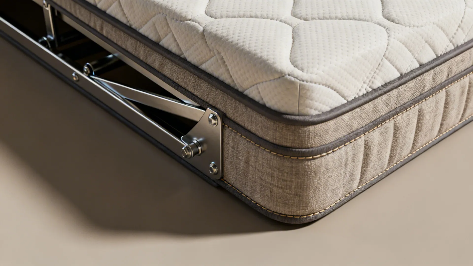 Close-up of sofa bed mechanism, stitching, and memory foam topper edge.