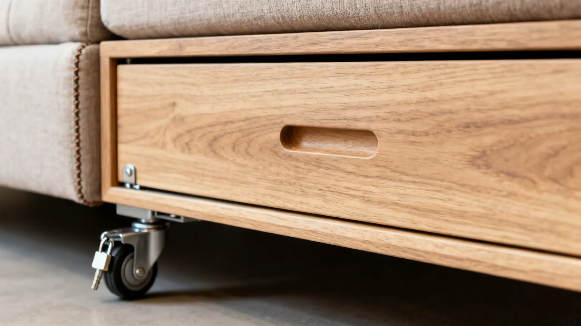 Macro of a sofa-cum-bed drawer with finger-cut pull and soft-close slide, showing wood grain and caster.