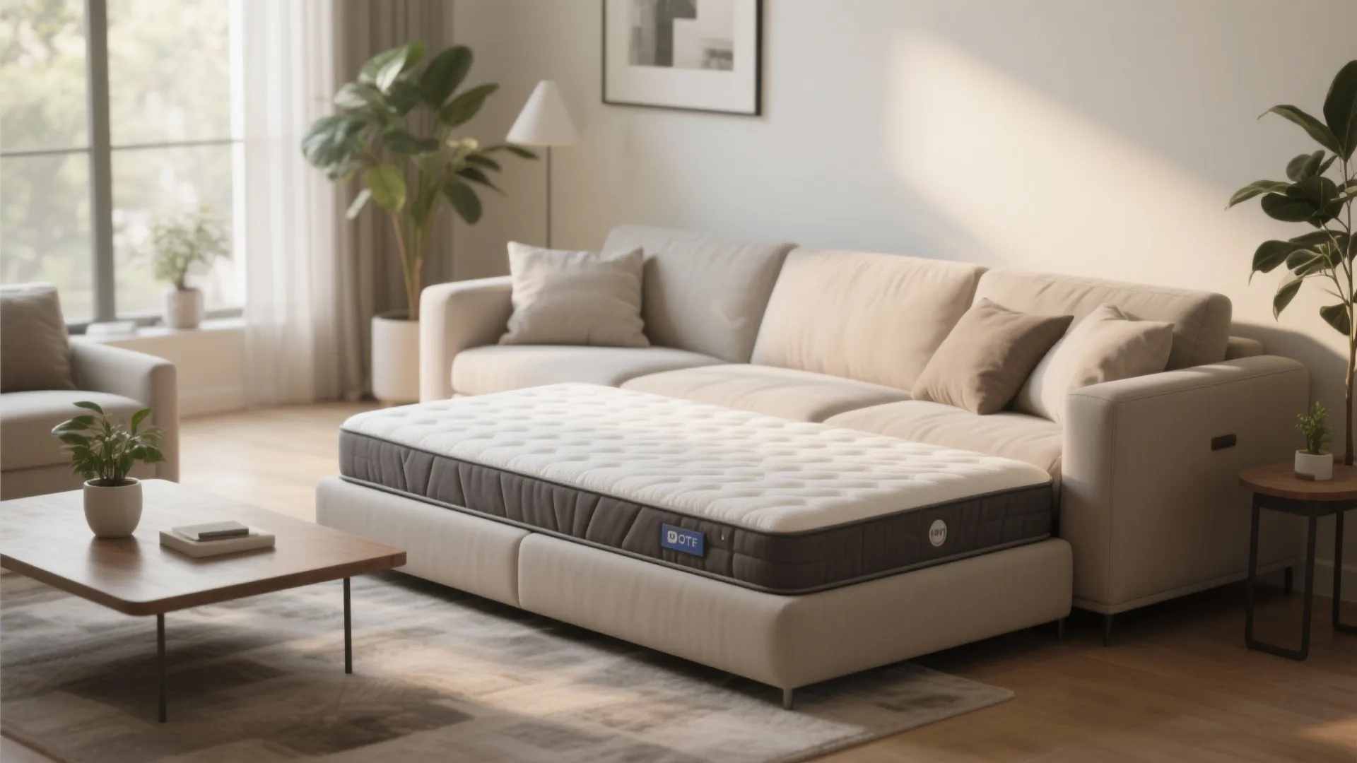 Modern cream sofa with an extended mattress in a bright living room with green indoor plants