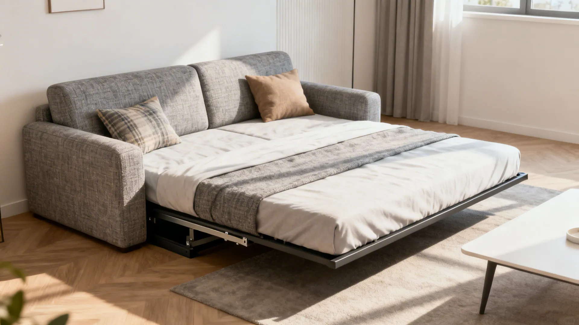 Grey fabric sofa bed extended into sleeping position in a bright room with wood floor
