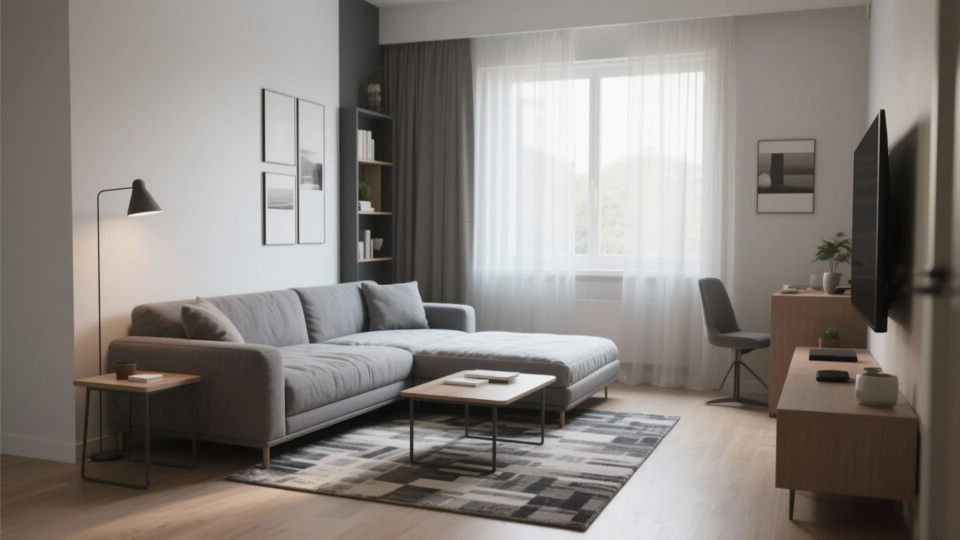 Cozy living area showing a grey sofa, wooden coffee table, patterned rug, and a small desk