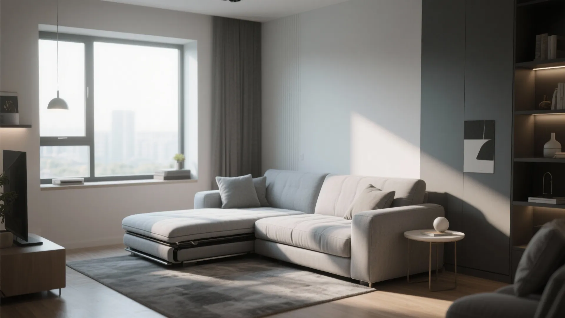 Grey corner sofa in bright living room with large windows cabinet and natural sunlight floor rug