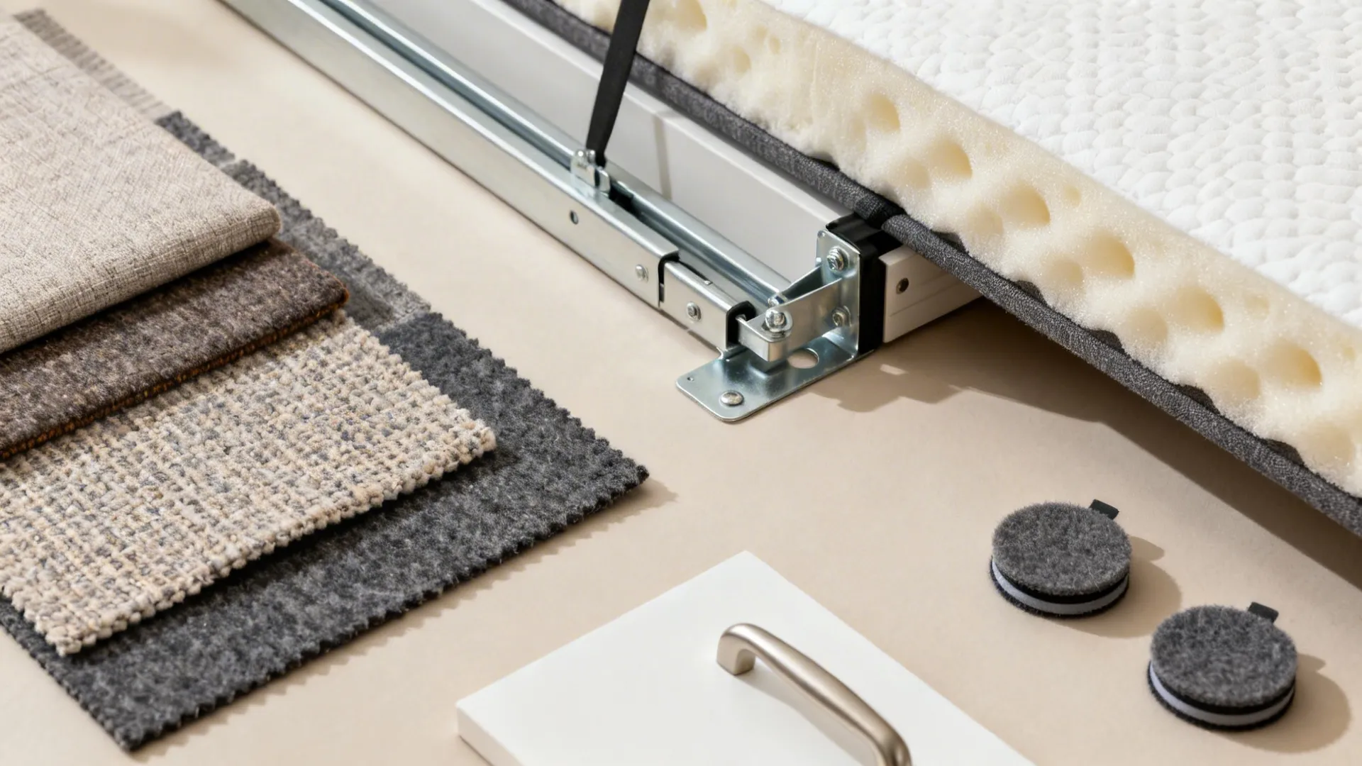 Flat lay of performance fabric, sofa bed hardware, foam topper, drawer pull, and felt sliders.
