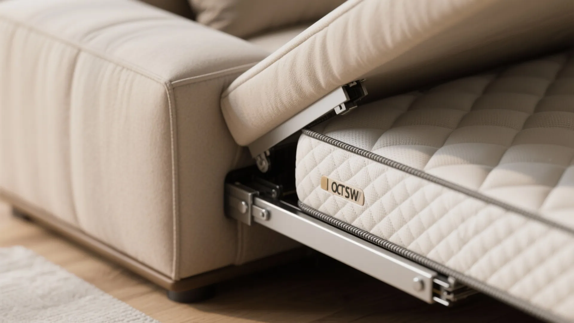 Close-up of a sofa bed mechanism and a high-quality mattress insert highlighting build quality and upholstery texture.