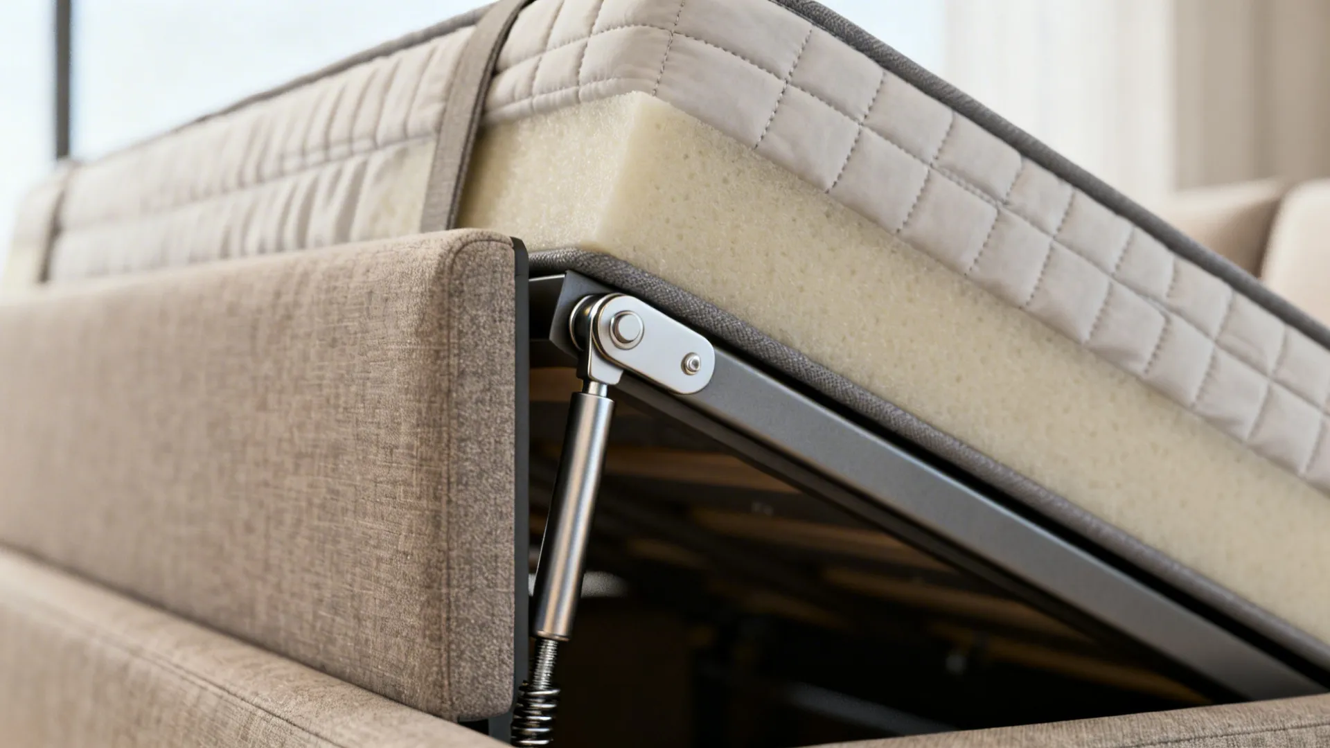 Macro detail of a sofa bed click-clack hinge, gas strut, and high-resilience foam mattress layers.