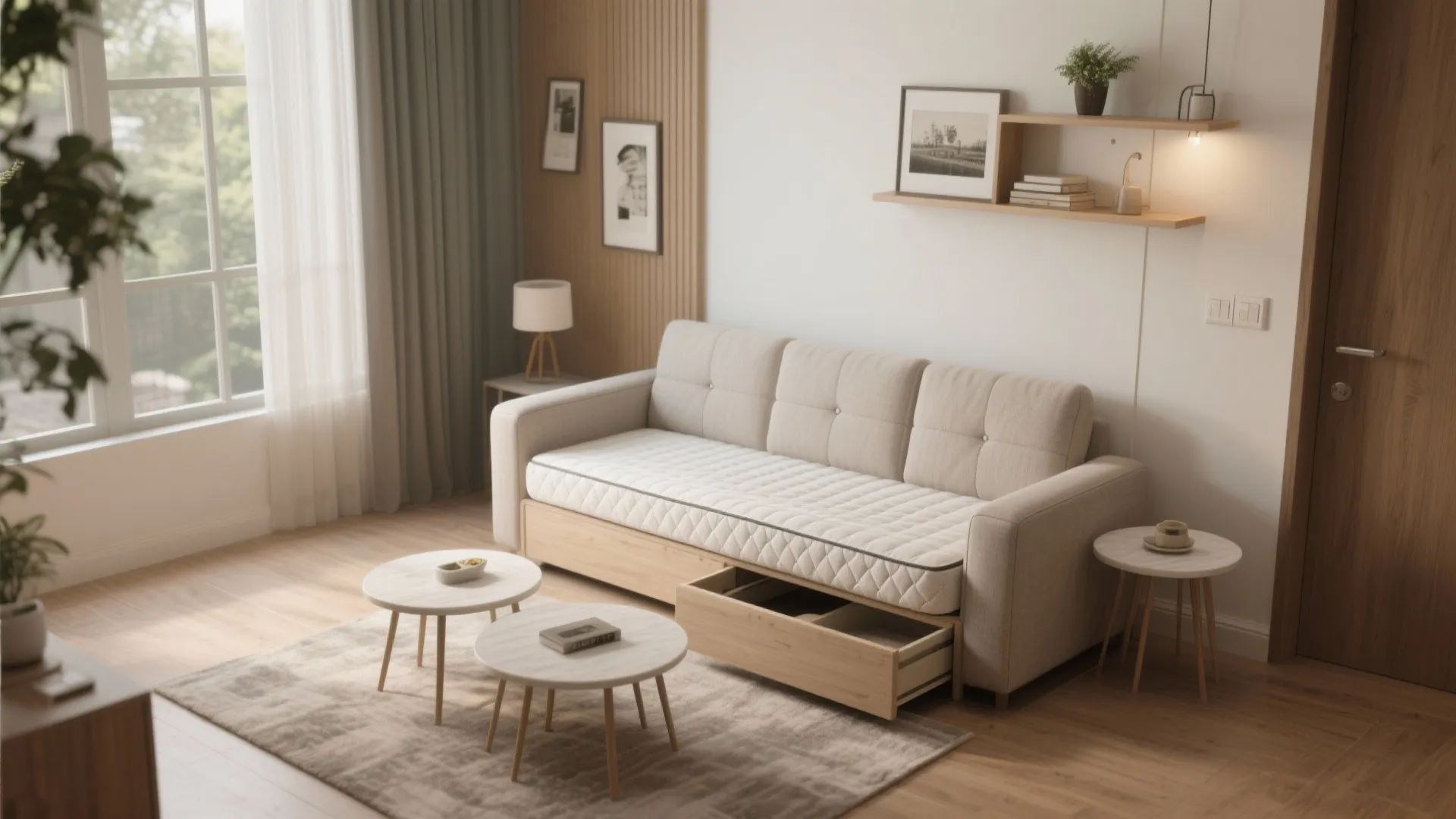 Multi-use furniture: sofa-bed plus nesting tables